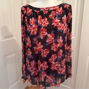 Loft Long Sleeve Floral Print Top, Size M. Black background with peach flowers